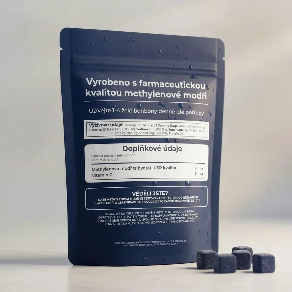 Gumové bonbóny s methylenovou modří