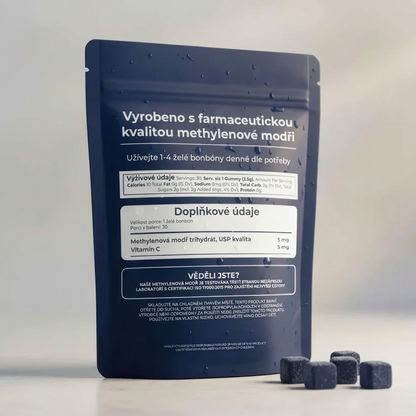 Gumové bonbóny s methylenovou modří